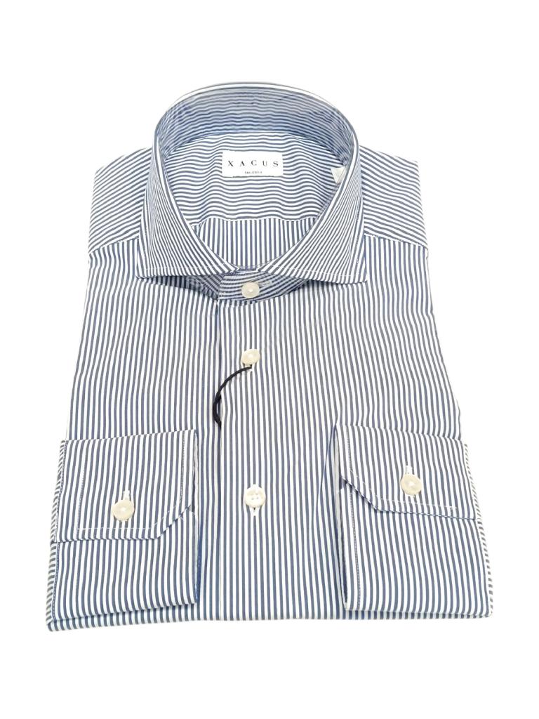 XACUS - CAMICIA BACCHETTATO BLU CINA COLLO MEZZO FRANCESE XACUS - CAMICIA BACCHETTATO BLU CINA COLLO MEZZO FRANCESE